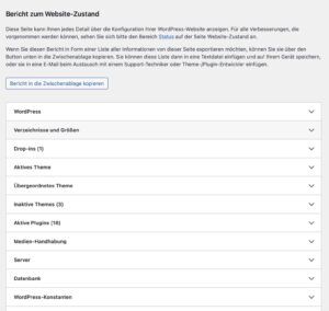 Ein Screenshot zeigt einen Ausschnitt vom WordPress Backend mit einem Bericht zum Website-Zustand.